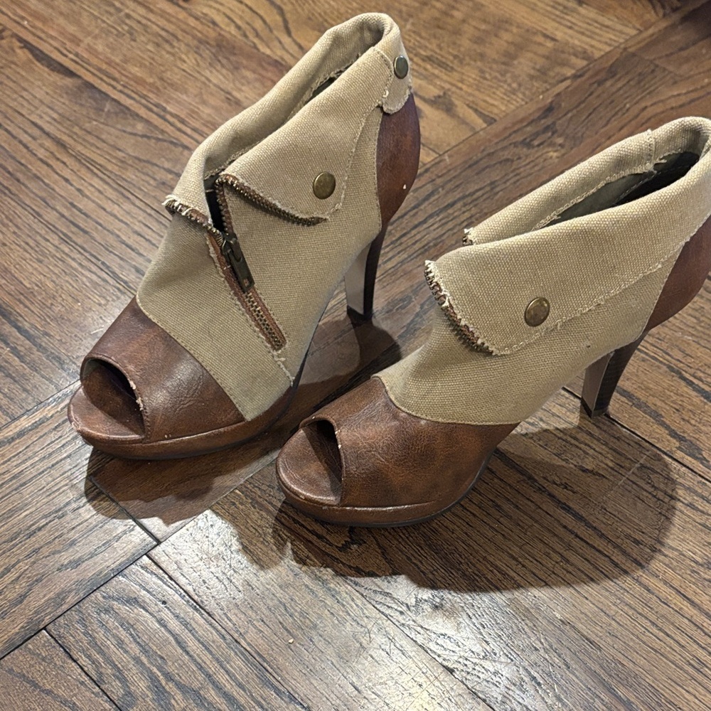 Madden Girl Brown and Tan Peep-Toe Heels